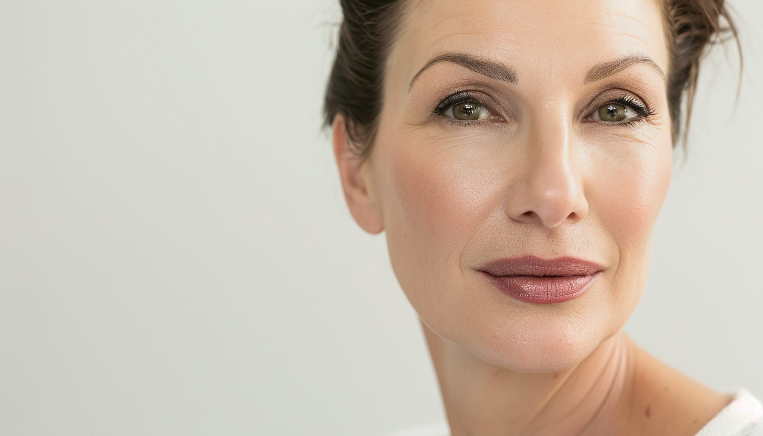 Mature Woman on a White Background Beautician doing injections dermal fillers into female cheeks