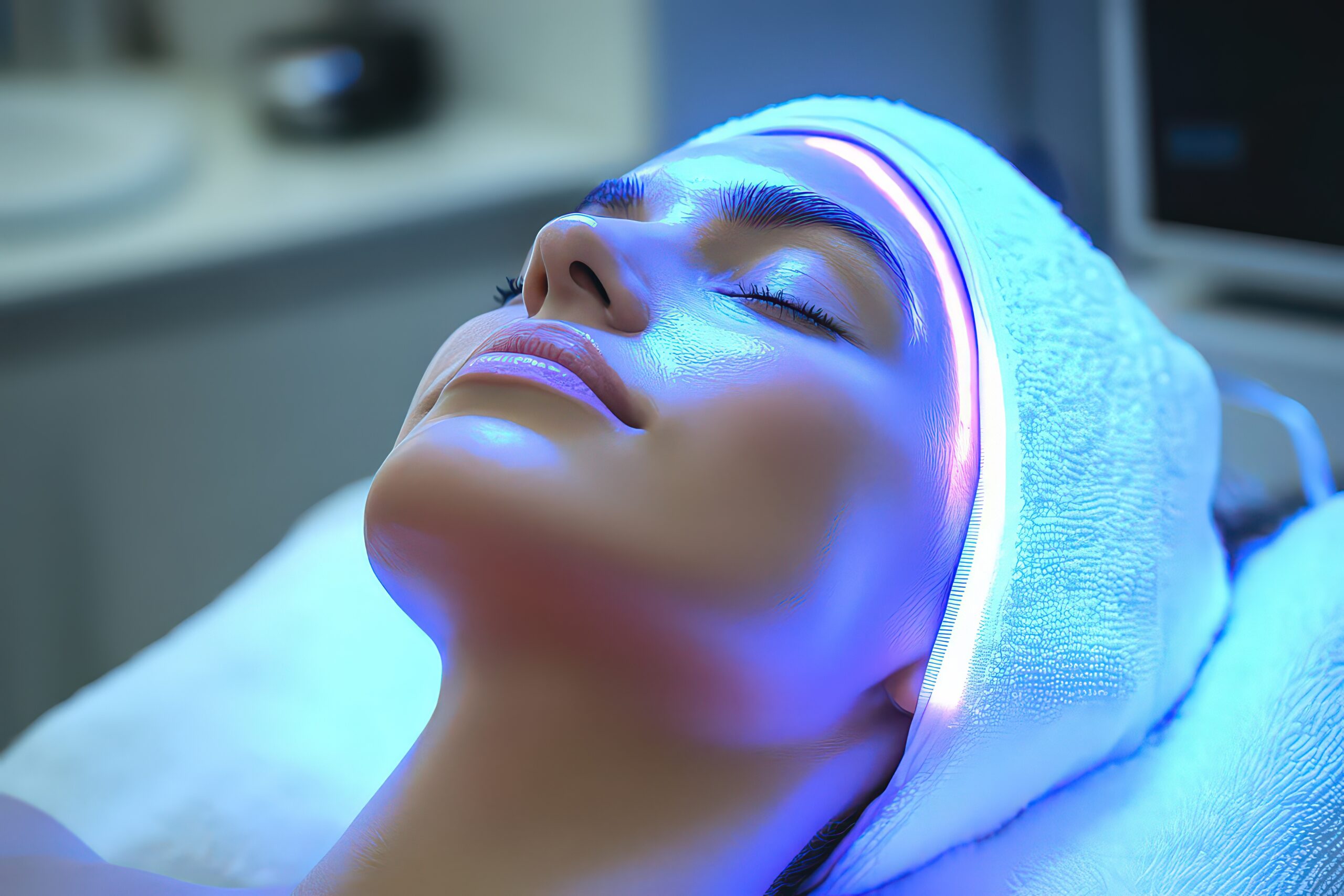 Woman relaxing during a beauty treatment with blue LED light therapy, enjoying a calming skincare session. Beautician doing injections dermal fillers into female cheeks
