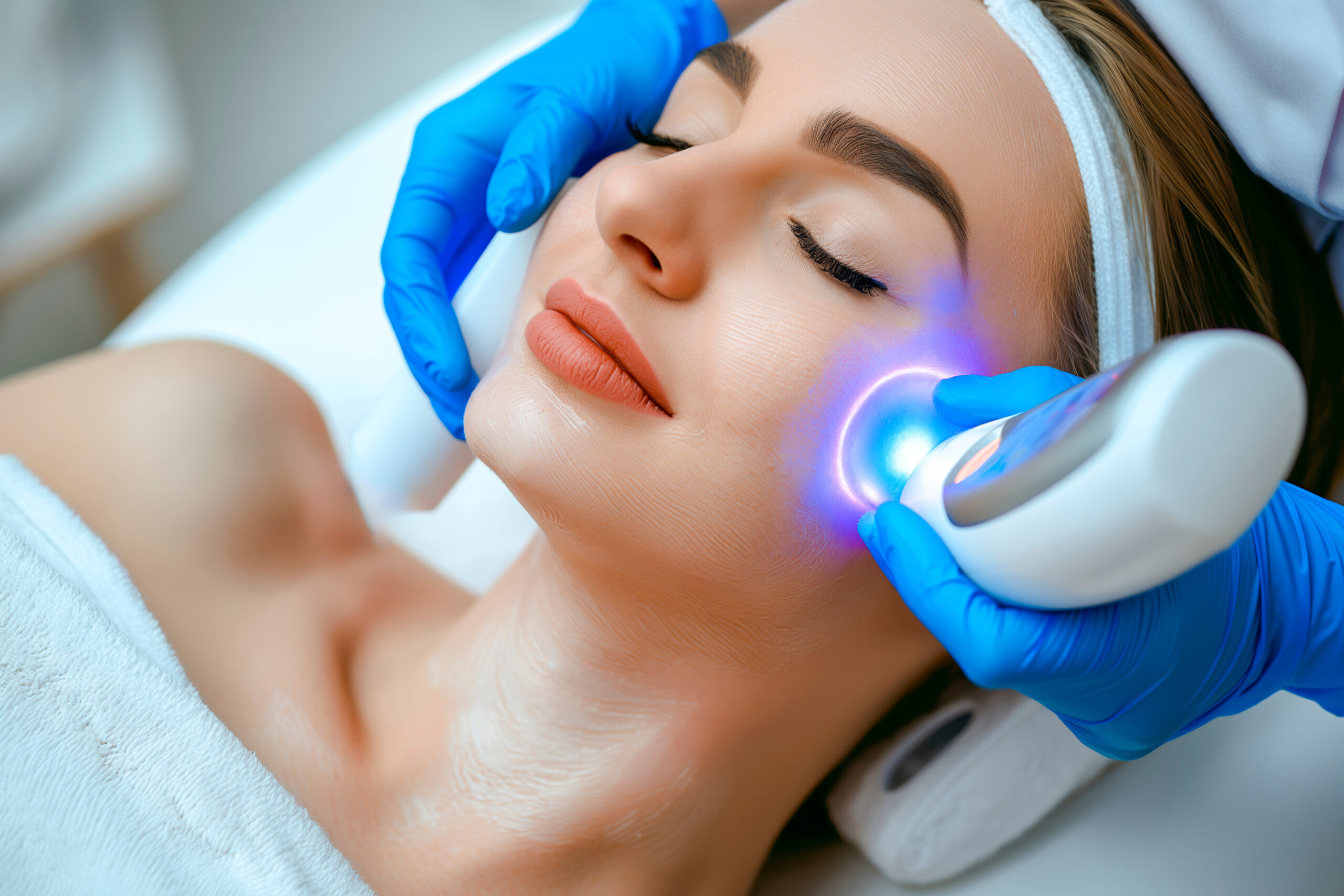 High angle view of beautiful young woman having Radio frequency skin tightening treatment in beauty clinic Beautiful Woman Portrait with Full Lips and Long Eyelashes over Gray