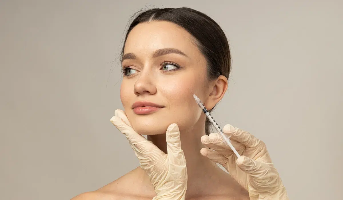 A patient receiving a Botox treatment or dermal filler injection, highlighting professional cosmetic enhancement for facial rejuvenation.